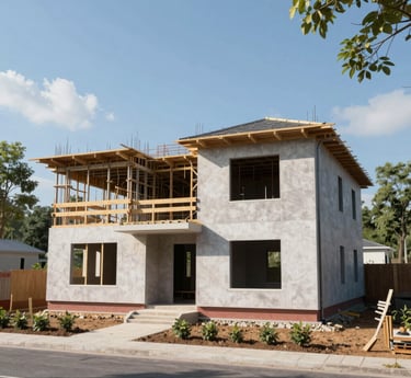 A skilled construction worker measuring wood beams on a sunny building site.