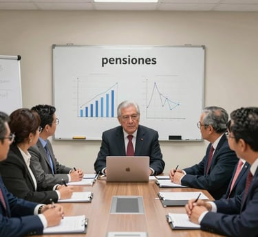 A friendly consultant discussing retirement plans with a smiling couple in a cozy office.