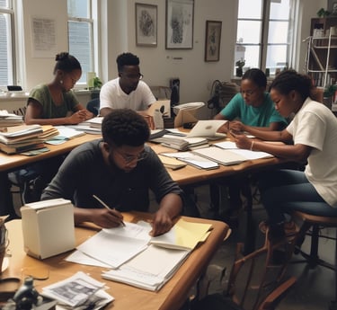 A skilled team collaborating with high-end professional equipment in a bright, modern workspace.