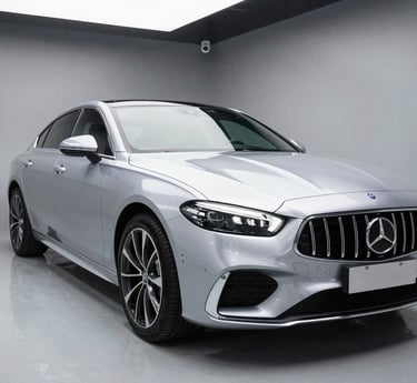 A silver Mercedes-Benz luxury sedan parked in a modern showroom with sleek alloy wheels and LED headlights.