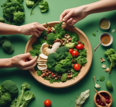 Floating food items including cherry tomatoes, almonds, cashews, slices of red bell pepper, cheese cubes, lettuce, and ham. A fork is levitating among these ingredients. The letters spelling 'DIET' are arranged with small tiles like a game. The background is a solid light green color.