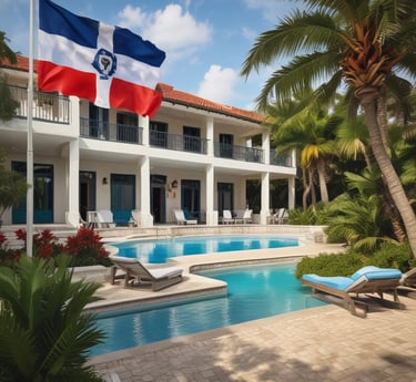 A building with dark blue and white walls, featuring ornate white balconies. A Puerto Rican flag hangs prominently from the balcony. Lush green foliage frames the image, adding a sense of seclusion and tranquility.