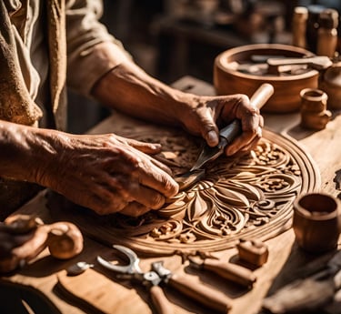 mains d'un scupture sur bois au travail