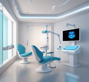 A sleek modern office with futuristic digital interfaces glowing in neon blue and dark tones.