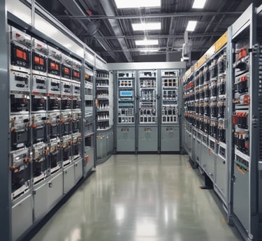 A technician working on various industrial electronic devices in a modern workshop.