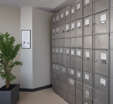 A modern office suite with a welcoming reception area and organized mailboxes.