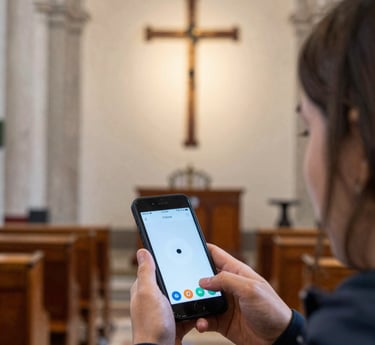A serene scene of a family listening to a catechism audio guide together in a cozy living room.
