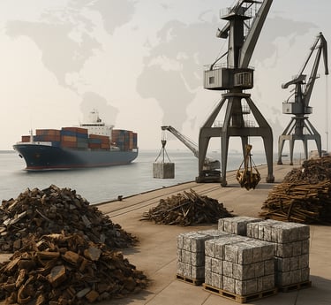 Global scrap export scene with a container ship, cranes, and stacked metal materials.
