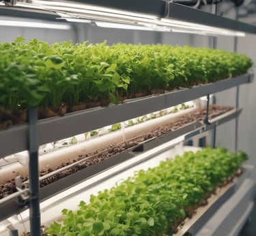 A vibrant microgreens farm bathed in soft natural light, showcasing lush green plants growing in neat rows.