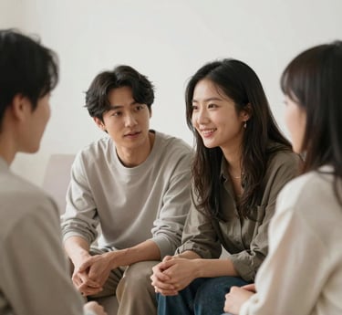 A warm, inviting scene of two people sharing a heartfelt conversation over coffee in a cozy setting.