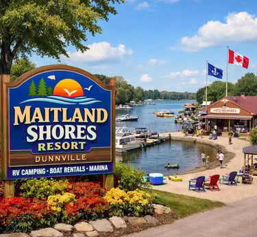 Maitland Shores Resort sign in Dunnville featuring boat rentals, RV camping, and a marina.