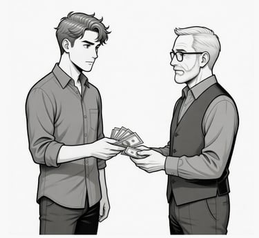 younger and older male cartoons exchanging money