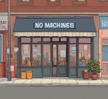 A rustic wooden building houses a laundromat with signs for wash, dry, and fold services. The signage prominently features red and blue text. Red cloth pieces are attached to antennas on the roof. The contrast between the blue sky, white clouds, and green foliage creates a quaint atmosphere.