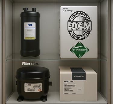 sparepart AC, filter drier, refrigerant R404A, kompresor hermetik, solenoid coil Copeland