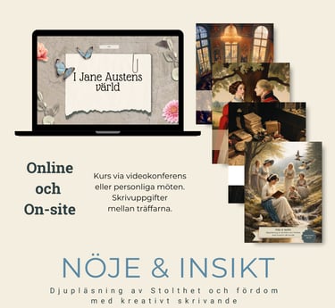 Swedish Jane Austen online course flyer for creative writing and Pride and Prejudice literature study.
