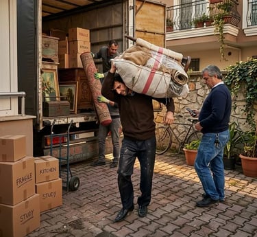 Eşya yüklü bir kamyonun önünde, omzunda ağır bir paket taşıyan nakliye çalışanı.