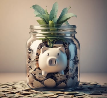 A hand holding a smartphone in front of a wooden background. The phone screen displays a financial investment application with the text 'The smartest thing to do with your money'. Below it, there are illustrations of stacked coins and a call-to-action button labeled 'Start investing'.