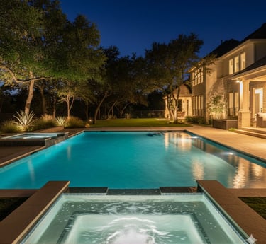 Well lit backyard pool showing properly repaired pool lights after sunset