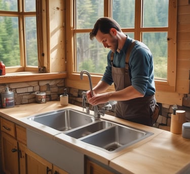 A handyman working on a home repair project with tools in hand. Installing kitchen faucet