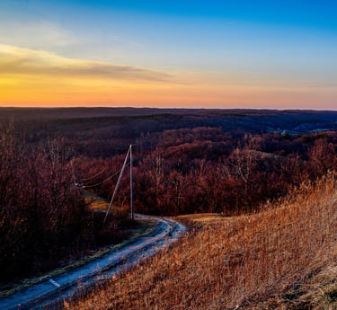 A winding rural road through a forest landscape during a golden sunset with rolling hills.
