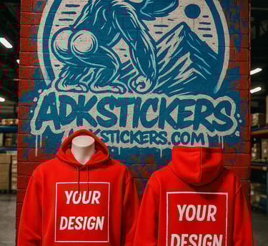 Red custom hoodies with “Your Design” print and ADKstickers.com logo in front of graffiti