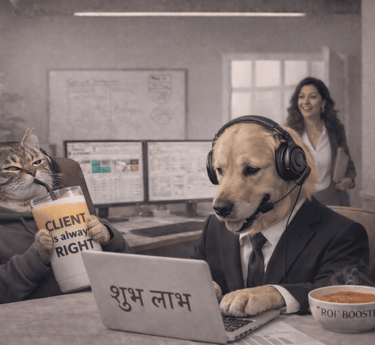 Office scene with a dog and cat in business attire wearing headsets while working on laptops.