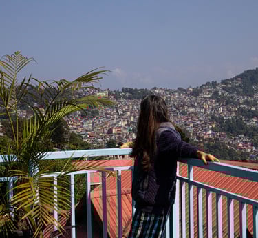 Terrace view of Hills Tale Backpackers Hostel showing Kalimpong