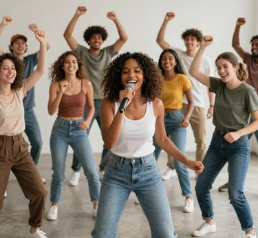 A lively group photo of diverse team members smiling and showcasing their talents at a community event.