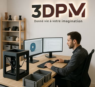 Employé travaillant sur une commande client dans une boutique 3DPM, devant une imprimante 3D et deux écrans, avec le logo rét