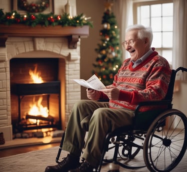 A smiling veteran receiving a handmade Christmas card from a volunteer outdoors on a snowy day.