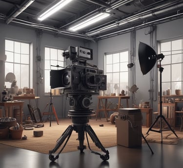 a man in a hat and a camera on a tripod
