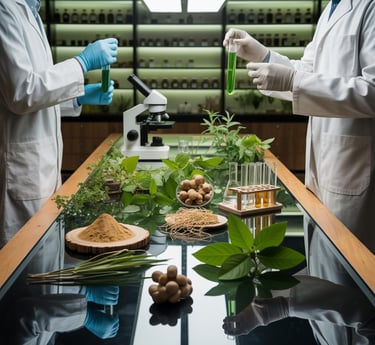 “Modern laboratory with glassware and equipment producing herbal tinctures, showcasing natural plant