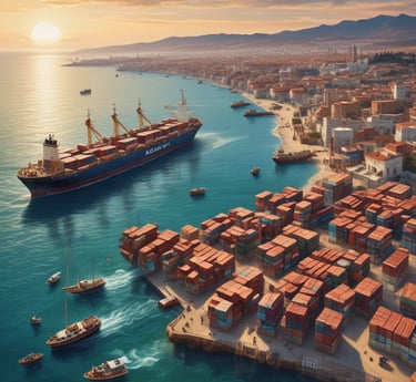 Aerial view of Mediterranean landscapes with agricultural fields and factories.