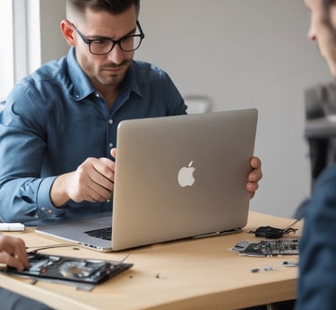 A modern tech repair workshop with tools and devices on a workbench.