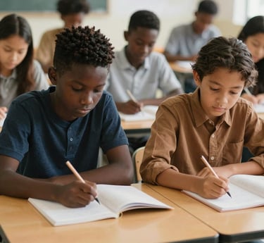 A diverse group of people engaged in reading and writing activities in a bright, inviting classroom.