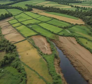 Several agricultural fields are visible in an aerial view with geometric patterns. The fields are separated by thin dirt roads or embankments and display different colors due to variations in crop types, soil, or water conditions.