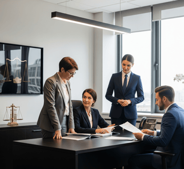 Equipo legal profesional de Soraya Mendoza reunido en su despacho moderno