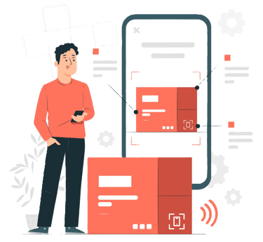 a man standing in front of a phone with a box of boxes