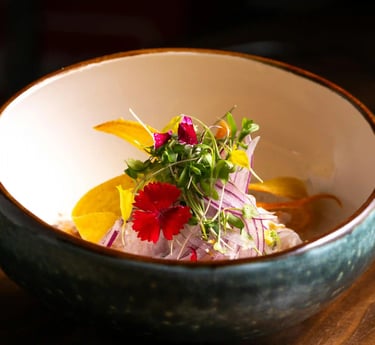 A bowl of ceviche in Lima Ceviche Bar restaurant in Lisbon, Portugal