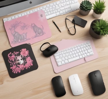 A collection of custom mouse pads, laptop cases, and phone cases displayed together.