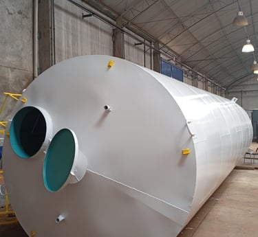 “Reservatório metálico cilíndrico instalado em ambiente industrial, fabricado sob medida+-