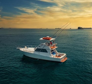 a boat with a fishing rod rod and a fishing rod