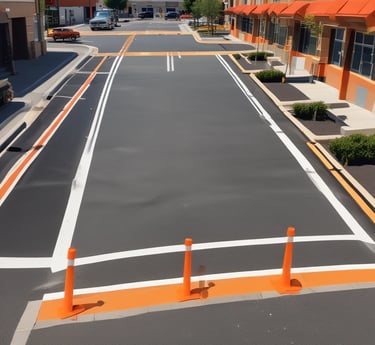 A painted section of pavement features a geometric design composed of white lines forming a segmented circular pattern. The segments are filled with different bright colors, including red, blue, green, and yellow, set against a dark asphalt background.