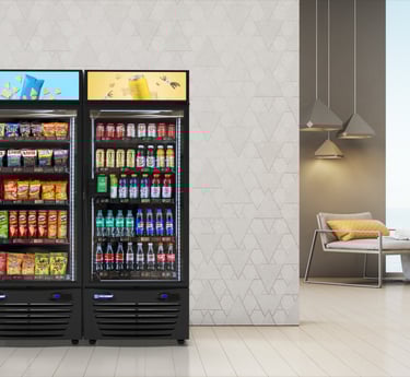 a refrigerator with a large display of drinks and beverages