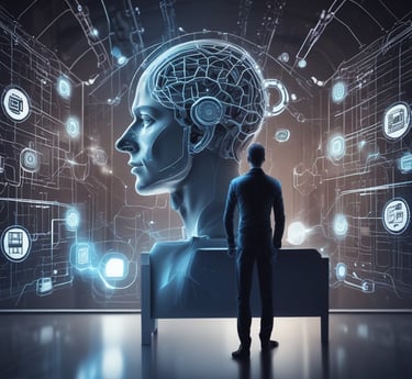 A tech workspace with two computer monitors displaying a variety of applications. The left monitor shows a communication platform, while the right one is filled with a multi-column interface for managing tasks or projects. A keyboard, mouse, headphones, and a laptop are on the desk, along with a smartphone and various stationery items. Dim ambient lighting creates a focused and somewhat secluded atmosphere.