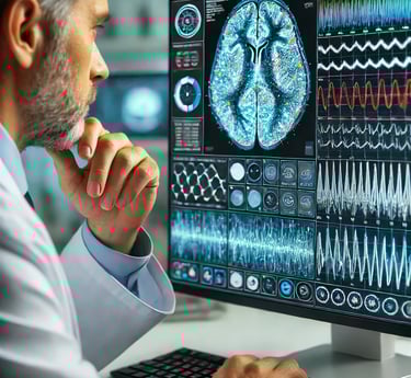 a man in a lab coat is looking at a computer screen with a brain scan