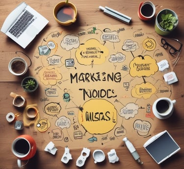 A person holds a smartphone that displays a website in French offering a simple and effective solution for managing social networks. The smartphone screen shows vibrant colors including purple and red text, and the background features green leaves.