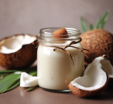 A jar of hair mask with a creamy white substance is displayed on a textured surface. The packaging features a blue label with the brand name 'VITA COCO' and illustrated green leaves.