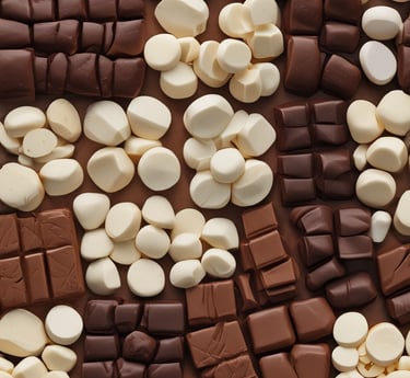 A display of various gelato flavors, with metal scoops positioned in each container. The gelato includes flavors with chocolate, nuts, and fruit toppings visible. The setting appears to be a gelato shop with multiple trays arranged in a row.