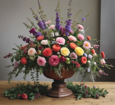 A vibrant display of competition vegetables and flowers at the Derbyshire Flower & Garden Show marquee.